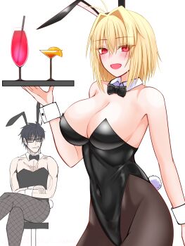 Rule 34 | 1girl, absurdres, animal ears, arcueid brunestud, bare shoulders, black hair, black leotard, blonde hair, blush, bow, bowtie, breasts, brown pantyhose, cleavage, commentary request, covered navel, cup, detached collar, drinking glass, fake animal ears, fishnet pantyhose, fishnets, glasses, highleg, highleg leotard, highres, large breasts, leotard, looking at viewer, male playboy bunny, mcpc zamurai, open mouth, pantyhose, playboy bunny, rabbit ears, rabbit tail, red eyes, short hair, smile, tail, tohno shiki, tray, tsukihime, wrist cuffs