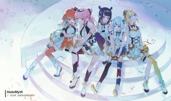 5girls absurdres alternate_costume anniversary armlet belt blonde_hair blue_eyes bodice boots bow bowtie breasts clothing_cutout commentary corset english_commentary flat_chest frilled_straps frills gawr_gura gloves hair_behind_ear halter_shirt halterneck hat head_tilt highres holding holding_microphone hololive hololive_english hololive_idol_uniform_(origin) holomyth idol_clothes jewelry large_breasts layered_skirt long_hair looking_at_viewer medium_breasts microphone mini_hat miniskirt mori_calliope multiple_girls navel navel_cutout ninomae_ina'nis orange_hair orange_hat pink_eyes pink_hair pointy_ears ponytail purple_eyes purple_hair ryuko_lee shoe_soles single_thighhigh sitting skirt skirt_bow skirt_set sleeveless smile takanashi_kiara tentacle_hair thighhighs two_side_up vest virtual_youtuber watson_amelia white_boots white_bow white_gloves white_skirt white_vest wrist_cuffs