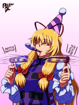 1girl arms_up blonde_hair blue_dress bow commentary crossed_bangs dress english_commentary english_text frilled_sleeves frills gradient_background hair_ribbon hat highres long_hair long_sleeves low-tied_sidelocks party_favor party_hat party_horn pink_background pom_pom_(clothes) purple_tabard red_bow red_ribbon redlerred7 ribbon sidelocks signature simple_background smile solo tabard touhou upper_body white_background yakumo_yukari yellow_eyes