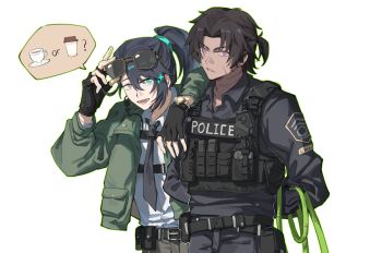 Rule 34 | 2boys, adjusting eyewear, alternate costume, aqua eyes, arms behind back, belt, belt pouch, black belt, black eyes, black gloves, black hair, black necktie, black pants, black shirt, brown hair, chinese commentary, collared shirt, commentary request, cup, disposable coffee cup, disposable cup, eyewear on head, fingerless gloves, gloves, green jacket, green rope, heathcliff (project moon), heterochromia, highres, holding, holding rope, hong lu (project moon), jacket, kiscript, limbus company, load bearing vest, long hair, looking at viewer, male focus, multiple boys, necktie, open clothes, open jacket, open mouth, pants, parted lips, police, police uniform, ponytail, pouch, project moon, purple eyes, rope, scar, scar on face, shirt, short hair, short ponytail, simple background, sparkle, speech bubble, spoken object, sunglasses, tactical clothes, teacup, walkie-talkie, watch, white background, white shirt, wristwatch