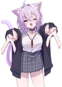 1girl ;d absurdres ahoge ai_(u_e_o_o) animal_collar animal_ears black_cardigan black_collar cardigan cat_ears cat_girl cat_tail collar collared_shirt commentary_request cowboy_shot crossed_bangs double-parted_bangs double_v fang grey_skirt gyaru_v hair_between_eyes highres hololive looking_at_viewer miniskirt neck_ribbon nekomata_okayu one_eye_closed open_mouth outstretched_arms pleated_skirt purple_eyes purple_hair red_ribbon ribbon shirt shirt_tucked_in simple_background single_off_shoulder skin_fang skirt smile solo straight-on tail v virtual_youtuber white_background white_shirt