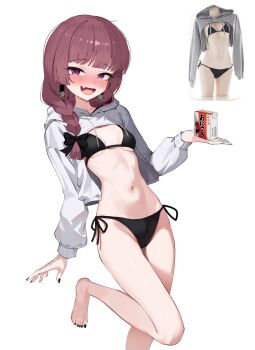 1girl @_@ absurdres agm alcohol_carton alternate_costume bikini black_bikini black_bow blush bocchi_the_rock! bow braid breasts brown_hair cropped_hoodie fang fingernails grey_hoodie hair_bow highres hiroi_kikuri hood hoodie linea_alba long_hair looking_at_viewer low-braided_long_hair low-tied_long_hair nail_polish navel no_pants nose_blush reference_inset side-tie_bikini_bottom simple_background small_breasts solo standing standing_on_one_leg stomach string_bikini swimsuit toenail_polish toenails toes white_background