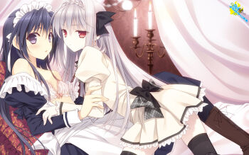 1boy 1girl black_bow black_thighhighs blue_hair blush bow bra candelabra candlestand crossdressing curtains dress grey_hair highres indoors kokura_asahi looking_at_viewer maid maid_headdress open_clothes open_dress pink_bra puffy_short_sleeves puffy_sleeves purple_eyes red_eyes sakurakouji_luna school_uniform short_sleeves suzuhira_hiro tareme thighhighs trap tsuki_ni_yorisou_otome_no_sahou tsurime underwear white_dress