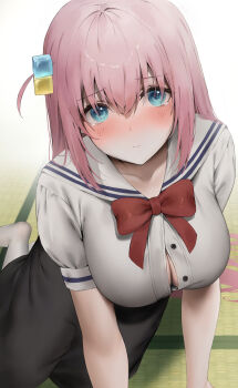 1girl absurdres arm_support black_skirt blue_eyes blush bocchi_the_rock! bow bowtie breasts button_gap cleavage closed_mouth collarbone commentary cube_hair_ornament full_body gotoh_hitori hair_ornament hibimaru highres large_breasts long_hair looking_at_viewer partially_unbuttoned pink_hair red_bow red_bowtie sailor_collar school_uniform shirt short_side_ponytail short_sleeves side_ponytail simple_background sitting skirt socks solo tatami tearing_up tears white_background white_shirt white_socks