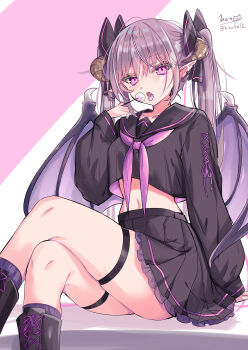 1girl absurdres black_boots black_bow black_sailor_collar black_serafuku black_shirt black_skirt boots bow breasts brown_hair collarbone commentary_request crossed_legs demon_girl demon_horns demon_wings ear_piercing fang feet_out_of_frame food hair_bow hand_up highres hizaka holding holding_food horns lace-up_boots long_hair looking_at_viewer medium_breasts midriff multicolored_hair navel neckerchief open_mouth original piercing pink_background pink_eyes pink_hair pink_neckerchief pleated_skirt pointy_ears purple_socks purple_wings ribbed_socks sailor_collar school_uniform serafuku shirt shirt_overhang signature sitting skirt socks solo streaked_hair tongue tongue_out twintails twitter_username two-tone_background very_long_hair white_background wings