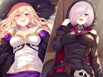 2girls :d ? bed_sheet belt black_coat blonde_hair blush clothing_cutout coat collarbone dorothy_(shingeki_no_bahamut) from_above from_below fur_coat hair_over_one_eye hood hooded_coat jewelry long_hair long_sleeves looking_at_viewer lying midriff multiple_girls multiple_pov necklace on_back open_mouth pillow pov red_eyes shadowverse shirt short_hair shoulder_cutout silver_hair smile split_screen standing stomach white_shirt wizardess_of_oz yamato_(muchuu_paradigm)