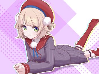 &gt;:( 1girl absurdres age+ beret blonde_hair blue_ribbon blunt_bangs buttons collared_shirt commentary_request double-breasted dress_shirt foot_out_of_frame foot_up green_eyes grey_jacket grey_skirt hair_ornament hair_rings hat highres indie_virtual_youtuber jacket kneehighs legwear_garter long_sleeves lying miniskirt neck_ribbon no_shoes on_stomach pinstripe_jacket pinstripe_pattern pinstripe_skirt pleated_skirt pom_pom_(clothes) pom_pom_hair_ornament purple_background red_hat red_sailor_collar red_socks ribbon sailor_collar school_uniform shigure_ui_(vtuber) shigure_ui_(vtuber)_(1st_costume) shirt short_hair side_part side_up_ring skirt sleeve_cuffs smile socks solo the_pose v-shaped_eyebrows virtual_youtuber white_shirt