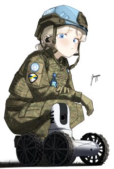 Rule 34 | 1girl, absurdres, camouflage, camouflage jacket, camouflage pants, combat helmet, digital camouflage, drone, gruppe, helmet, highres, jacket, machinery, military, military combat uniform, military fatigues, military uniform, original, pants, robot, soldier, tactical clothes, united nations, wheel, woodland camouflage