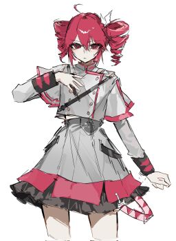Rule 34 | 1girl, ahoge, collared shirt, drill hair, furrowed brow, grey shirt, grey skirt, hair between eyes, hair ribbon, hand on own chest, highres, kasane teto, kasane teto (sv), long sleeves, looking at viewer, pleated skirt, red eyes, red hair, red skirt, ribbon, shirt, short hair, skirt, solo, synthesizer v, twin drills, two-tone skirt, ummwa, white ribbon
