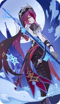 1girl bad_source closed_mouth elbow_gloves from_behind full_moon genshin_impact gloves hair_over_one_eye holding holding_weapon looking_at_viewer looking_back moon nun official_alternate_costume official_art pantyhose red_eyes red_hair rosaria_(genshin_impact) rosaria_(to_the_church's_free_spirit)_(genshin_impact) short_hair snowflakes solo standing weapon white_gloves