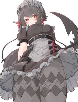 1girl black_dress black_hair black_pantyhose blush breasts chain closed_mouth colored_inner_hair commentary_request cowboy_shot dress ellen_joe fins fish_tail frilled_dress frills from_below hairband highres holding holding_behind_back holding_weapon_behind_back large_breasts looking_at_viewer metal_hairband mole mole_under_eye multicolored_hair nekonika_(e102k) pantyhose razor_blade_hair_ornament red_eyes scar scar_on_tail shark_girl shark_tail short_hair simple_background solo spiked_headband tail white_background zenless_zone_zero