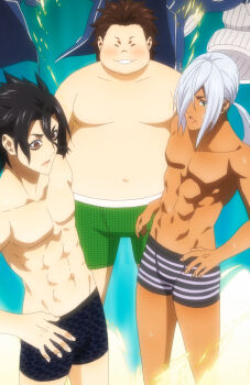 3boys abs anime_screenshot black_hair black_male_underwear blush boxers brown_hair cowboy_shot dark-skinned_male dark_skin green_male_underwear hair_over_one_eye hayama_akira highres isami_aldini jacket kurokiba_ryou male_focus male_underwear multiple_boys open_mouth ponytail shokugeki_no_souma smile standing stitched striped_male_underwear sweat teeth third-party_edit underwear unworn_jacket white_hair