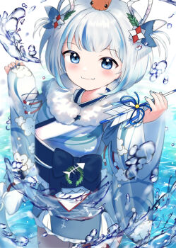 air_bubble blue_eyes blue_hair blue_nails blush bow bubble closed_mouth fins fish fish_tail gawr_gura hair_ornament highres hololive hololive_english japanese_clothes kimono ocean on_head pool shark_tail smile solo splashing tail tokinari twintails underwater virtual_youtuber water water_drop
