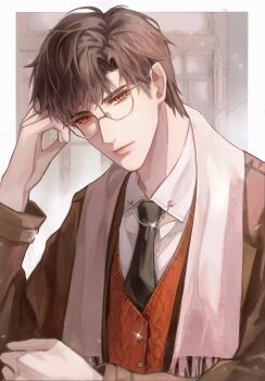 Rule 34 | 1boy, absurdres, aegyo sal, black necktie, blurry, blurry background, border, brown hair, brown jacket, chinese commentary, closed mouth, collar chain (jewelry), collared shirt, curtained hair, glasses, hand up, head rest, highres, jacket, light and night love, light smile, lips, long sleeves, lu chen, male focus, necktie, outside border, red eyes, red sweater vest, shirt, short hair, solo, sweater vest, upper body, white border, white shirt, youshangdexianyuwangzi