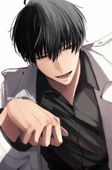 1boy :d absurdres black_eyes black_hair black_shirt coat collared_shirt facing_viewer hand_up highres kim_dokja looking_to_the_side male_focus omniscient_reader&#039;s_viewpoint open_clothes open_coat open_mouth popped_collar qxt7_ft shirt short_hair smile solo white_coat