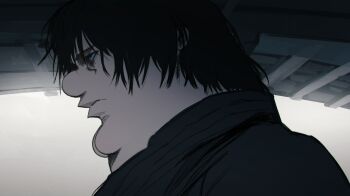 1boy black_eyes black_hair black_jacket cleft_chin closed_mouth commentary cosplay day english_commentary expressionless family_guy fat fat_man from_side fushiguro_touji fushiguro_touji_(cosplay) hair_between_eyes highres jacket jujutsu_kaisen kowai_(iamkowai) male_focus nose outdoors peter_griffin profile serious short_hair straight_hair turtleneck upper_body