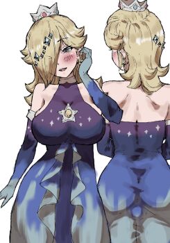 1girl alternate_costume ass back bare_shoulders blonde_hair blue_eyes blush breasts commentary commentary_request crown curvy dress earrings elbow_gloves evening_gown from_behind gloves gradient_clothes hair_ornament hand_in_own_hair highres jewelry large_breasts looking_at_viewer mario_(series) mario_kart mario_kart_tour nintendo one_eye_covered open_mouth rosalina rosalina_(aurora) simple_background skin_tight solo toggy_keiichi white_background