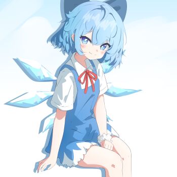 1girl absurdres bare_legs blue_bow blue_dress blue_eyes blue_hair blush bow cirno collared_shirt commentary detached_wings dress fairy feet_out_of_frame hair_bow highres huajiao ice ice_wings invisible_chair legs_together looking_at_viewer multiple_wings neck_ribbon orange_ribbon pinafore_dress ribbon scrunchie shirt short_hair short_sleeves sitting sleeveless sleeveless_dress smile solo touhou white_shirt wings wrist_scrunchie