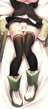 10s 1girl absurdres akitsu_maru_(kancolle) ankle_boots black_skirt black_thighhighs boots breasts buttons clothes_lift female_focus groin highres jacket kantai_collection large_breasts lying navel on_back open_clothes open_jacket ouma_tokiichi panties panty_pull pleated_skirt remodel_(kantai_collection) siddham skirt skirt_lift solo thighhighs underboob underwear white_panties