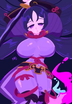 1girl arms_up bodysuit commentary fate/grand_order fate_(series) hair_spread_out half-closed_eyes highres katana long_hair lying minamoto_no_raikou_(fate) no_lineart on_back parted_bangs parted_lips purple_bodysuit purple_eyes purple_hair ribbed_sleeves rope sword weapon zettonamo888