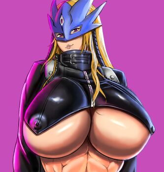 1girl alternate_breast_size_(larger) beelstarmon blonde_hair breasts cigmaier digimon digimon_(creature) digimon_story:_time_stranger female_focus highres jacket large_breasts leather leather_jacket long_hair looking_at_viewer mask purple_background purple_eyes shiny_skin simple_background third_eye underboob upper_body