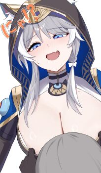 1boy 1girl absurdres anima_miko animal_ears blue_eyes bow breasts caelus_(honkai:_star_rail) cat_ears cat_girl cipher_(honkai:_star_rail) cleavage collarbone fang gloves grey_hair hair_bow highres honkai:_star_rail honkai_(series) hood large_breasts mole mole_on_collarbone open_mouth pulling_another&#039;s_clothes simple_background skin_fang smile sweatdrop trailblazer_(honkai:_star_rail) translation_request twintails white_background white_hair