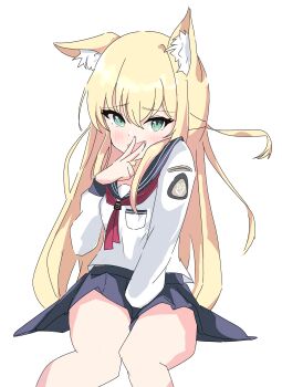 Rule 34 | 1girl, :d, absurdres, aluminacy, animal ear fluff, animal ears, between legs, black sailor collar, black skirt, blonde hair, blue archive, blush, commentary, feet out of frame, fox ears, fox girl, furrowed brow, green eyes, hair between eyes, hand between legs, hand up, happy, highres, kurumi (blue archive), long hair, long sleeves, looking at viewer, miniskirt, neckerchief, open mouth, pleated skirt, red neckerchief, sailor collar, school uniform, serafuku, shirt, sidelocks, simple background, sitting, sketch, skirt, smile, solo, two side up, v, v over mouth, very long hair, white background, white shirt