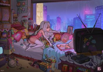 1girl absurdly_detailed_composition arcade_cabinet ass bad_id bad_pixiv_id ball bed bed_sheet bedroom blue_borscht blue_eyes building candy chips_(food) city cityscape commission controller dress elbow_gloves feet female_focus food full_body game_console game_controller gloves highres horns indoors legs loaded_interior loli lollipop long_hair lying night nintendo_64 nintendo_64_controller on_side original panties photo_(object) pillow pink_dress pizza pizza_box potato_chips rain short_dress sleeveless sleeveless_dress soccer_ball soles solo stereo television thighhighs thighs underwear videocassette white_gloves white_hair white_panties white_thighhighs window