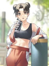 Rule 34 | 1girl, black hair, bottle, breasts, brown eyes, double bun, hair bun, highres, holding, holding bottle, leaning on object, midriff, naruto (series), navel, open mouth, pants, scroll, short hair, solo, sports bra, sweat, tenten (naruto), usao (313131)