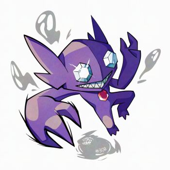 Rule 34 | chest jewel, colored skin, full body, gem, gem eyes, gen 3 pokemon, grin, looking at viewer, mistray-art, nintendo, numbered, pokemon, pokemon (creature), purple skin, red gemstone, sableye, sharp teeth, signature, simple background, smile, solo, teeth, white background, white gemstone
