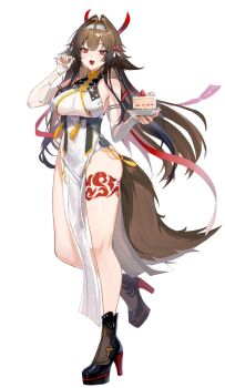 1girl :d armlet black_shoes breasts brown_hair brown_tail cake cake_slice chinese_clothes commentary_request detached_sleeves dress droopy_ears food hairband high_heels highres holding holding_plate hominamia jewelry large_breasts long_hair looking_at_viewer open_mouth pelvic_curtain plate red_eyes shoes silver_armlet simple_background smile solo strawberry_shortcake tail thighs white_background white_dress white_hairband white_sleeves ye_shunguang zenless_zone_zero