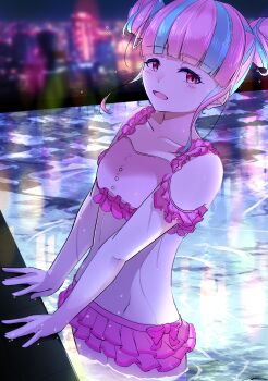 1girl absurdres bang_dream! bikini blue_hair blush breasts collarbone commentary double_bun frilled_bikini frills hair_bun highres looking_at_viewer multicolored_hair night nyubara_reona open_mouth pink_bikini pink_hair pool red_eyes ryo_yanakasa sidelocks small_breasts solo stomach swimsuit two-tone_hair wading wet