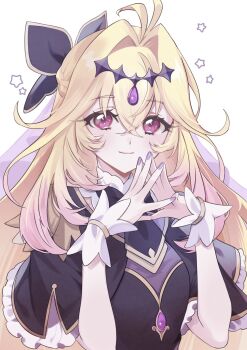 1girl antenna_hair blonde_hair bow commentary_request crossed_bangs cure_arcana_shadow eyelashes hair_between_eyes hair_bow hair_intakes highres long_hair looking_at_viewer magical_girl meitantei_precure! moria_luluka nail_polish pink_eyes precure purple_veil simple_background smile solo steepled_fingers taruha_(taruha_katsudo) upper_body veil white_background wrist_cuffs