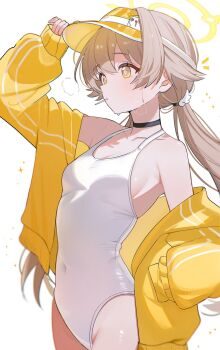 1girl blue_archive choker cosplay halo hifumi_(blue_archive) highres long_hair low_twintails shusuchii swimsuit twintails visor_cap white_background yellow_eyes yellow_halo
