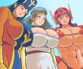 3girls abs aqua_eyes areola_slip armor bikini_armor blue_eyes blue_hair bodysuit breasts cleavage commentary_request dragon_quest dragon_quest_iii dress earrings gloves helmet jewelry large_breasts long_hair mero_and_ron multiple_girls navel open_mouth priest_(dq3) purple_eyes purple_hair red_gloves sage_(dq3) simple_background skirt smile sword warrior_(dq3) weapon yellow_gloves