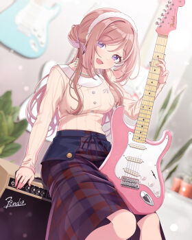 1girl :d amplifier arm_at_side arm_up bead_necklace beads between_legs blurry blurry_background breasts brown_hair brown_sweater comiket_107 commentary_request dutch_angle electric_guitar gakuen_idolmaster guitar hairband highres himesaki_rinami holding holding_guitar holding_instrument idolmaster indoors instrument jewelry long_hair long_sleeves looking_at_viewer medium_skirt necklace open_mouth plaid_clothes plant potted_plant purple_eyes purple_skirt retsuna sidelocks sitting skirt small_breasts smile solo speaker sweater sweater_tucked_in white_hairband