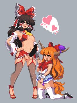 1futa 1girl ascot black_hair bow breasts brown_eyes cleavage commentary_request cum detached_sleeves full_body futanari grey_background hair_bow hair_tubes hakurei_reimu hand_on_own_hip heart heart-shaped_pupils horn_ornament horn_ribbon horns ibuki_suika kneeling long_hair looking_at_viewer medium_breasts namako_daibakuhatsu navel neckerchief orange_eyes orange_hair penis purple_ribbon red_bow red_neckerchief ribbon ribbon-trimmed_sleeves ribbon_trim sidelocks simple_background speech_bubble spoken_heart symbol-shaped_pupils testicles testicles_clench thighhighs touhou white_thighhighs yellow_ascot