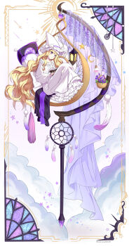 Rule 34 | 1girl, absurdres, book, cloud, commentary request, curtains, dress, flower, hat, highres, holding, holding book, murupuru 22, original, purple flower, purple theme, sitting, sleepwear, star (symbol), white dress, white hat, witch, witch hat