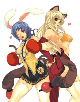 10s 2girls abs animal_ears armpits bikini bikini_top_only blonde_hair blue_hair boxing_gloves breasts bunny_(trickster) cat_(trickster) cat_ears cat_tail detached_sleeves ear_piercing earrings headband heart imigimuru jewelry large_breasts locked_arms long_hair looking_back midriff multiple_girls muscular one_eye_closed open_mouth piercing purple_eyes rabbit_ears rabbit_tail red_eyes short_hair sideboob single_earring skirt swimsuit tail thighhighs trickster_(ntreev_soft) white_thighhighs wink zettai_ryouiki