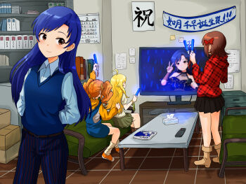 4girls ahoge amami_haruka arms_behind_back black_skirt blonde_hair blue_hair blue_shirt blue_sweater_vest boots bow brown_boots brown_eyes brown_hair calendar_(object) closed_mouth collared_shirt commentary_request couch glowstick hair_bow highres holding holding_glowstick holding_television hood hood_down hoodie hoshii_miki idolmaster idolmaster_(classic) indoors kisaragi_chihaya long_hair long_sleeves miniskirt mirimirap multiple_girls on_couch orange_hair pants plaid_clothes plaid_hoodie pleated_skirt red_bow shirt short_hair sideways_glance sitting skirt smile standing striped_clothes striped_pants sweater_vest takatsuki_yayoi television tissue_box twintails v