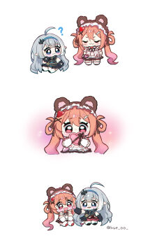 Rule 34 | 2girls, :3, :d, ?, ahoge, animal ear hairband, animal ears, bear ear hairband, bear ears, black dress, black gloves, blue eyes, blue hairband, blush, box, chibi, chibi only, closed eyes, closed mouth, commentary, dot nose, double-parted bangs, dress, fake animal ears, female tyrant (stella sora), full body, gloves, grey hair, hair between eyes, hairband, heart-shaped box, highres, hue oo, long hair, mistique (stella sora), multiple girls, open mouth, orange hair, pink eyes, simple background, sitting, smile, standing, stella sora, untranslatable commentary, twintails, twitter username, tyrant (stella sora), white background