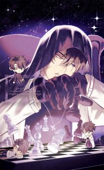 Rule 34 | 4boys, black eyes, black gloves, black hair, bored, checkmate, chess piece, chessboard, cloak, doll, floating, gloves, hand on own chin, heterochromia, holding, hood, hood up, hooded cloak, jewelry, king (chess), knight (chess), leezdoodles, male focus, mini person, miniboy, multiple boys, multiple persona, necklace, omniscient reader's viewpoint, pawn (chess), queen (chess), rook (chess), scar, scar on face, scar on mouth, secretive plotter, short hair, sitting, sky, space, star (sky), star pendant, starry sky, starry sky print, throne, yellow eyes, yoo joonghyuk