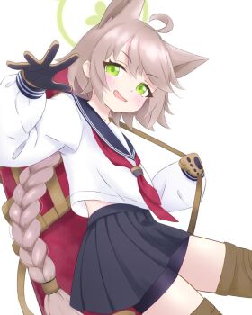 1girl :d ahoge animal_ears bag bike_shorts black_sailor_collar black_shorts black_skirt blue_archive blush braid braided_ponytail brown_hair commentary_request cowboy_shot dutch_angle extra_ears fox_ears fox_girl green_eyes green_hair green_halo halo hand_up highres knee_pads long_hair long_sleeves low_ponytail midriff_peek miniskirt neckerchief ning0kuarchive open_mouth otogi_(blue_archive) outstretched_hand pleated_skirt ponytail puffy_long_sleeves puffy_sleeves red_bag red_neckerchief sailor_collar sailor_shirt school_uniform serafuku shirt shorts shorts_under_skirt simple_background skirt smile smug solo swept_bangs v-shaped_eyebrows very_long_hair white_background white_shirt