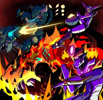 13am_games aegis_prime agnitor arm_cannon atomic_telekinetically-operated_mecha azrael_(dawn_of_the_monsters) blood blue_blood blue_eyes building cannon claws colored_blood cyborg dawn_of_the_monsters destruction directed-energy_weapon energy energy_beam energy_bolt energy_cannon energy_weapon fighting_stance fire gaiacras ganira giant giant_monster glowing glowing_eyes horns kaiju makairus mecha megadon monster murasame_eiji natsuraya neon_trim nephilim_(dawn_of_the_monsters) no_pupils open_mouth pincers purple_eyes robot rubble sednagon sharp_teeth silhouette superhero_costume tail teeth tempest_galahad tongue torgahra wayforward weapon wings yellow_eyes