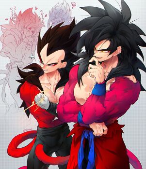 Rule 34 | black hair, blue sash, body fur, closed mouth, dougi, dragon ball, dragon ball heroes, gloves, gogeta, gogeta (xeno), highres, long hair, male focus, monkey boy, monkey tail, multiple boys, muscular, muscular male, ommmyoh, pants, pectorals, red fur, saiyan, sash, son goku, son goku (xeno), spiked hair, super saiyan, super saiyan 4, tail, time patrol (dragon ball), vegeta, vegeta (xeno), vegetto, vegetto (xeno), wristband
