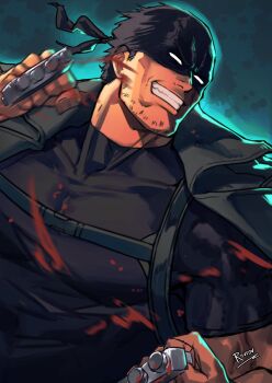 1boy artist_name bara beard_stubble black_jacket black_shirt blood boku_no_hero_academia facial_hair grin highres jacket knuckleduster_(boku_no_hero_academia) looking_to_the_side male_focus masked muscular muscular_male rovrov shirt smile spiked_knuckles stubble superhero_costume vigilante_-boku_no_hero_academia:_illegals-