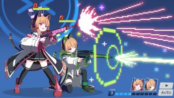 2girls absurdres animal_ear_headphones animal_ears assault_rifle battle_rifle black_shorts black_skirt black_thighhighs blonde_hair blue_archive bow cat_ear_headphones cat_ears cat_tail coat commentary fake_animal_ears firing full_body gaarya green_eyes green_halo gun h&amp;k_g3 hair_bow halo headphones highres hood hooded_jacket jacket long_sleeves low-tied_sidelocks midori_(blue_archive) momoi_(blue_archive) multiple_girls on_one_knee one_eye_closed open_mouth pink_halo red_eyes rifle short_hair shorts siblings sidelocks sisters skirt standing tail thighhighs twins user_interface weapon white_coat