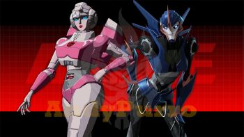 2girls 3d andypurro arcee arcee_(prime) autobot blender_(medium) blue_eyes breasts glowing glowing_eyes hand_on_own_hip humanoid_robot looking_at_viewer medium_breasts multiple_girls panties pink_panties red_lips robot robot_girl smile transformers transformers:_generation_1 transformers_prime underwear watermark