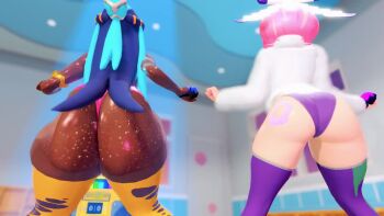 2girls 3d angry animated ass_shake bikini black_hair blush bouncing_ass breasts cleavage clenched_teeth competition curvy dancing dark-skinned_female dark_skin disgust eyeshadow female_focus from_below fur_trim gloves highres indoors klara_(pokemon) leotard lipstick long_hair looking_at_another looking_at_viewer makeup matching_hair/eyes mole mole_on_breast mole_under_mouth multicolored_thighhighs multiple_girls nail_polish navel nessa_(pokemon) nintendo one_eye_closed pink_bikini pink_eyes pink_hair pokemon pokemon_sword_and_shield prevence purple_leotard short_hair simple_background single_glove sitting skindentation spanking_self swimsuit tagme teeth thick_thighs thighhighs thighs thong video wide_hips