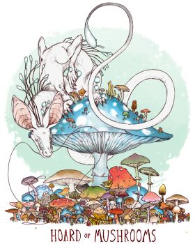 animal_ears antennae bat_ears bent_over bioluminescence blue_eyes border colored_skin commentary commission dragon english_commentary english_text extra_arms extra_eyes fantasy fly_agaric fungi giant_mushroom glowing green_background highres iguanamouth mushroom mycelium no_humans no_pupils on_mushroom original pale_color shiitake sitting_on_mushroom very_long_tail white_border white_eyes white_skin